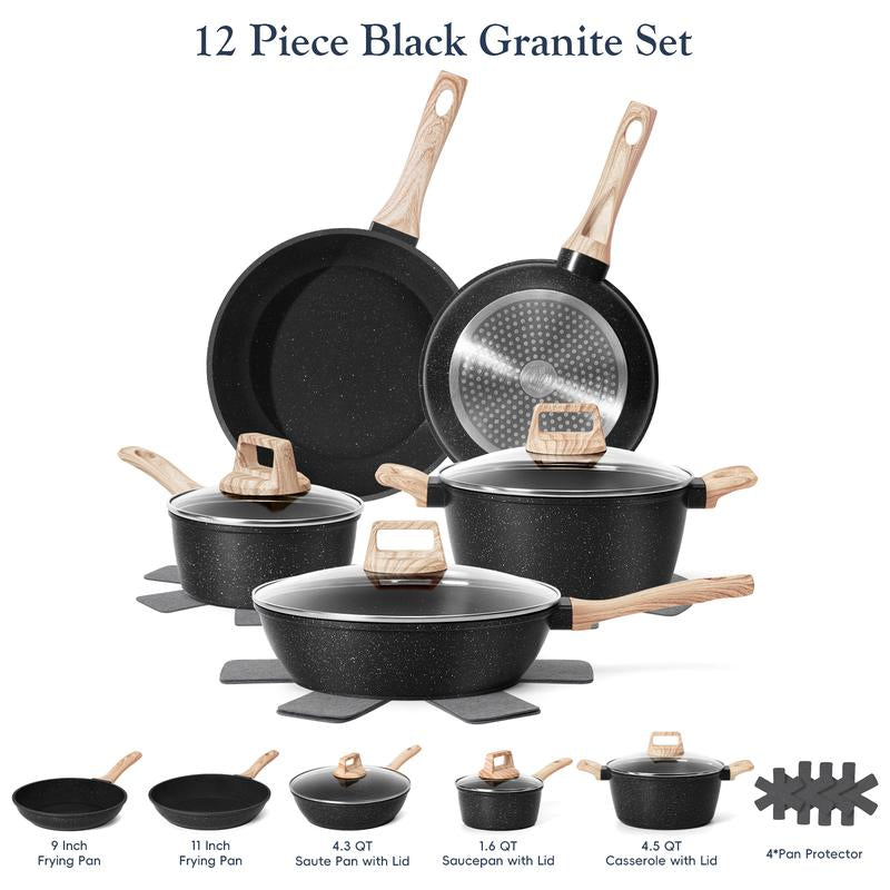 SODAY Pots and Pans Set Non Stick, 12Pcs Kitchen Cookware Sets Non-Toxic Healthy Nonstick Kitchen Cooking Set with Frying Pans, Saucepans,Glass Lid,Kitchenware,Stock up on Specials,New Year Sale Aluminium Durable Bakelite Handle