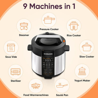 COSORI 9-In-1 Electric Instant Pot Pressure Cooker, Olla De Presión 6-Qt: Rice, Sauté, Sous Vide, Sterilizer, 1100W, Stainless Steel & Aluminium Inner Pot